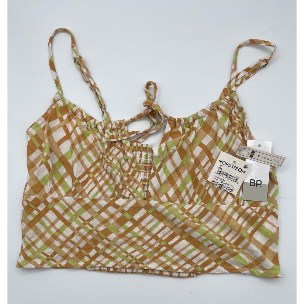BP Nordstrom Ivory Tan Happy Plaid Camisole Crop Top XS BP451319MI New